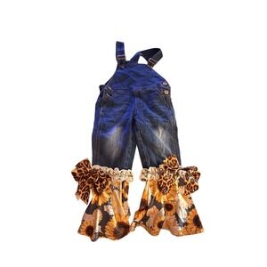 Kids Denim Overalls Sunflower Leopard Ruffle Bottoms Girls Outfit